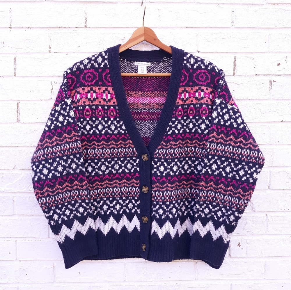 cupcakes & cashmere Navy, Pink, White Fair Isle Cardigan